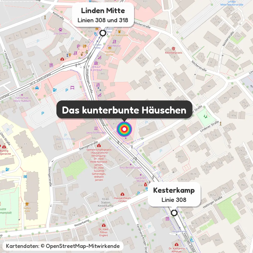 Karte von Bochum-Linden mit dem kunterbunten Häuschen an der Hattinger Straße und den Haltestellen Linden Mitte und Kesterkamp