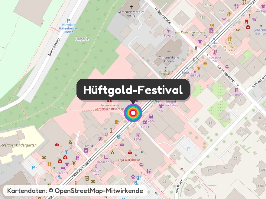 Karte von Bochum-Linden mit dem Hüftgold-Festival auf der Hattinger Straße