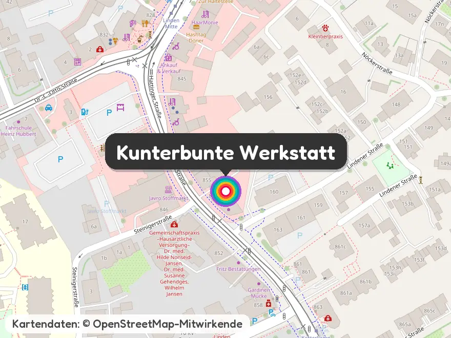 Karte von Bochum-Linden mit der kunterbunten Werkstatt an der Hattinger Straße 857