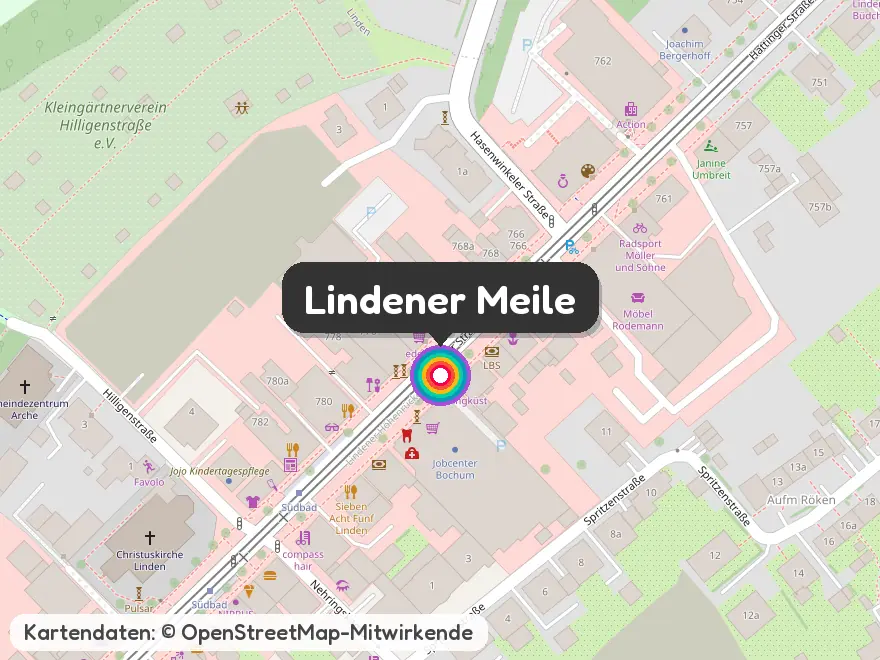 Karte von Bochum-Linden mit der Lindener Meile auf der Hattinger Straße