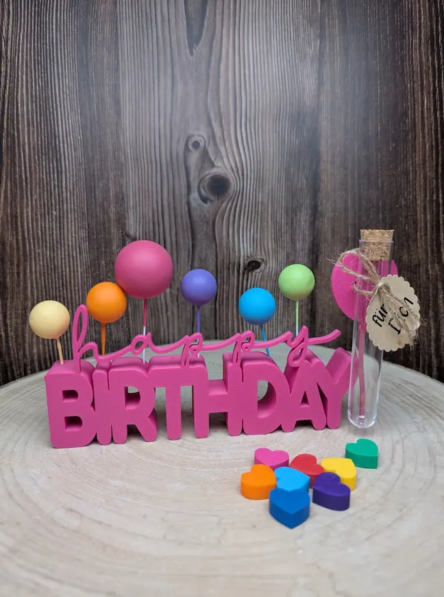 Schriftzug Happy Birthday mit bunten Kugeln